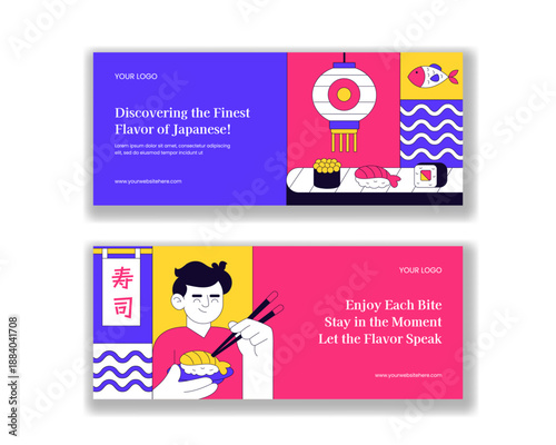 Horizontal Banner with Japanese Sushi Food Flat Cartoon Hand Drawn Illustration Background