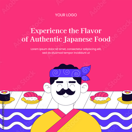 Flat Cartoon Hand Drawn Illustration of Japanese Sushi Foods on Decorative Background