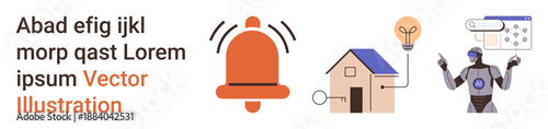 Home automation, smart technology, artificial intelligence, security, innovation, modern living. Visuals of alarm bell, house with light bulb and robot. Concepts of home automation and smart