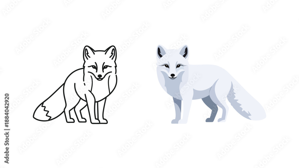 Obraz premium Simple vector illustration set displaying both the outline and the fully colored geometric design of a cute arctic fox standing