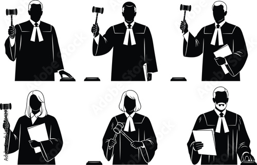 Silhouette Vector Illustration Set of Male and Female Judges in Robes Holding Gavels and Legal Documents for Law Justice and Courtroom Concepts