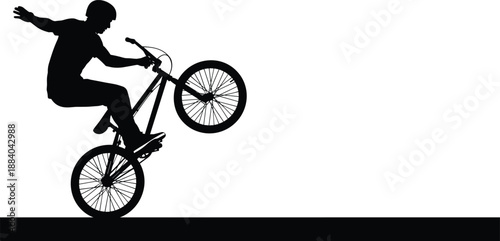 Silhouette Vector of a BMX Biker Performing a Wheelie Stunt on a Flat Ground Surface for Extreme Sports Action and Urban Youth Lifestyle Concepts