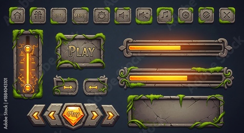 Stone-themed game UI elements with buttons and sliders, decorated with moss and vines.