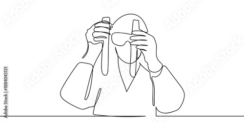 The continuous artistic lines an experimenter holding test tubes in both hands. One line drawing. Editable stroke.