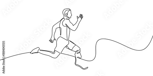 A continuous artistic line a disabled runner wearing a prosthetic leg. One line drawing. Editable stroke.