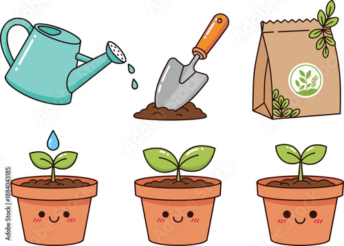 Cute cartoon gardening set with watering can garden trowel soil bag and happy seedling pots isolated on white background for spring hobby and planting