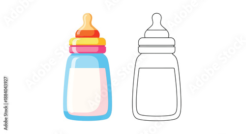 Colorful baby bottle and its line drawing illustration side by side