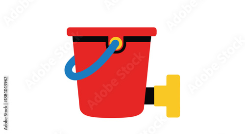 A vibrant red bucket with a blue handle and yellow accent