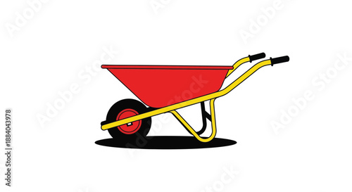 A simple illustration of a red wheelbarrow with a yellow frame and single wheel