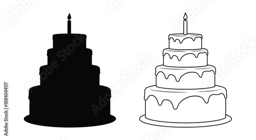 Two tiered birthday cakes one solid black and one outlined in white
