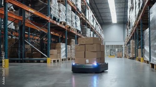 Autonomous robot navigates warehouse aisle, transporting stacked boxes, with shelving units and pallets in background, used for logistics