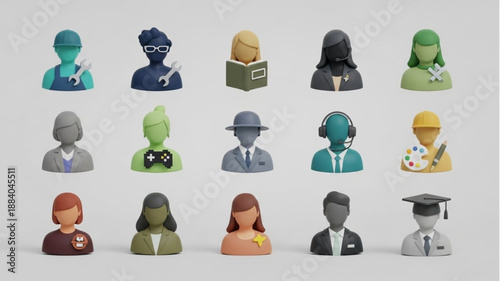 Collection of diverse professional occupation icons in a grid.