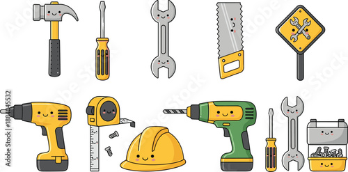 Cute Kawaii Construction Tool Vector Illustration Set Featuring Happy Smiling Hammer Screwdriver Drill Tape Measure Hard Hat Saw and Wrench Icons for DIY Projects