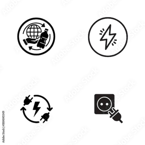 Vector image of versatile icons, specifically designed for technical system settings, global data networking, renewable green energy solutions, and environmental sustainability projects