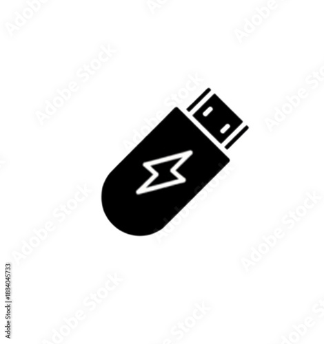 A minimalist black silhouette vector image of a USB flash drive featuring a central lightning bolt symbol, representing high-speed data transfer and portable digital energy