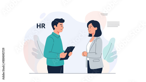 HR professional interviewing a candidate, modern flat illustration