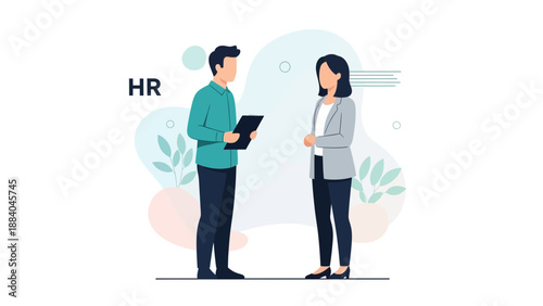 HR professional interviewing candidate for job, modern flat illustration