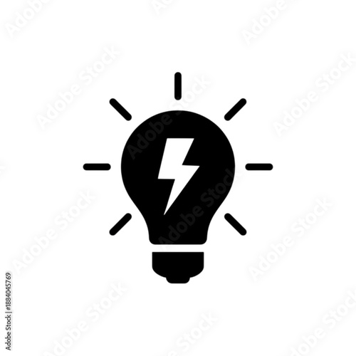 A minimalist black silhouette vector image of a glowing lightbulb containing a central lightning bolt, symbolizing a powerful creative idea and innovative electrical energy solutions