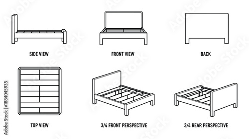 Bed frame plan view in front side back and perspective vector design drawing for dieline
