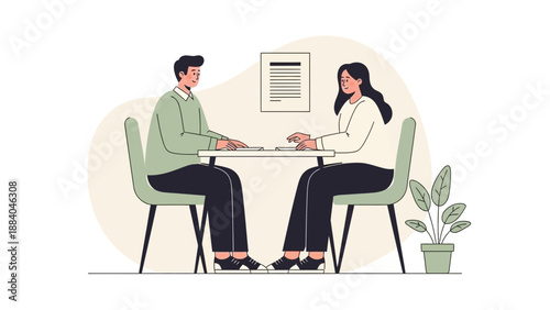 Job Interview Illustration: Candidate and Recruiter Discussing CV at Table
