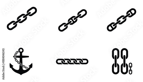 Chain link vector set in black color with one anchor isolated on transparent backdrop