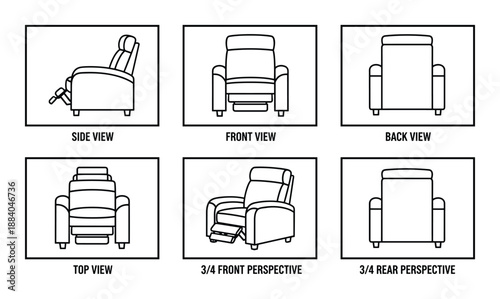 Different angles of recliner chair side front back top three-quarter view for furniture presentation