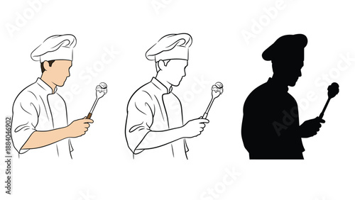 A chef in different illustration styles holding a spoon