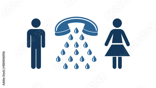 A sign indicating a public restroom with emergency shower and phone