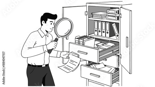 A man investigates documents in an office filing cabinet with a magnifying glass