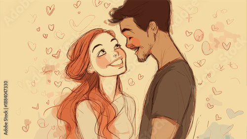 Smiling cartoon boy and girl with red hearts floating above them, depicting true love. Happy cartoon couple showing love and affection