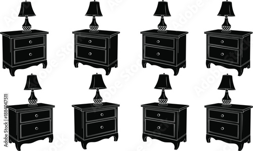 Black silhouette vector set of classic wooden nightstands with bedside lamps isolated on white background for interior furniture catalog and home decor layout design