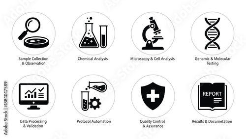 Laboratory research vector icon set for scientific experiments and analysis on transparent background