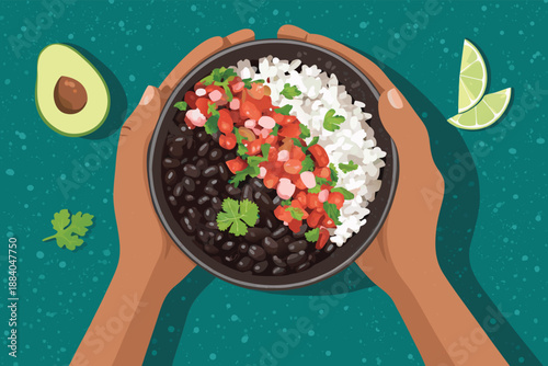 Top Down Hands Holding Black Bean Bowl Ill