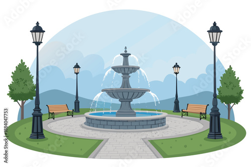 Park Fountain Plaza Afternoon Light Illust