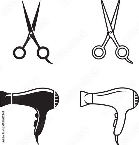 Barber shears and professional hair dryer icons for hair styling service and grooming boutique