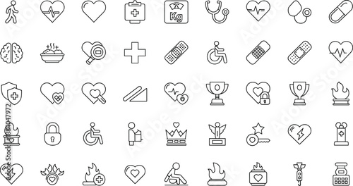 Comprehensive medical and healthcare line icon set featuring wellness lifestyle symbols heart health fitness insurance medicine mental wellness and emergency care vector illustrations