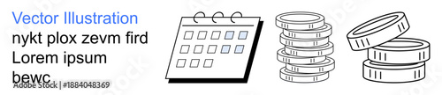 Financial planning, savings growth, budgeting, time management, deadlines, economic concepts. Minimalist calendar and stacked coins. Financial planning and savings growth concepts