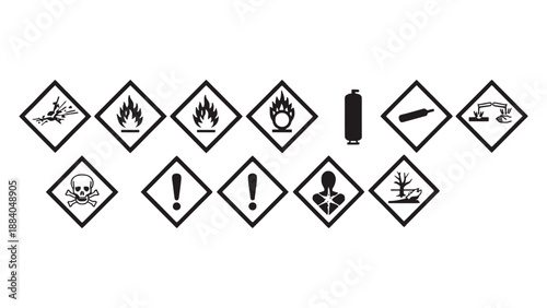 A collection of hazardous warning signs and symbols on a white background