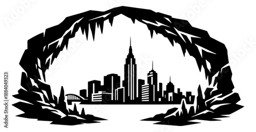 Silhouette illustration of a city skyline depicting a metropolis framed by a cave entrance for exploration concepts