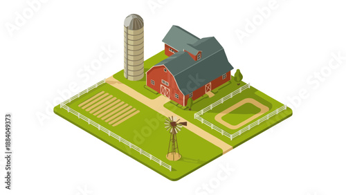 A colorful 3D illustration of a rural farm with a red barn and silo