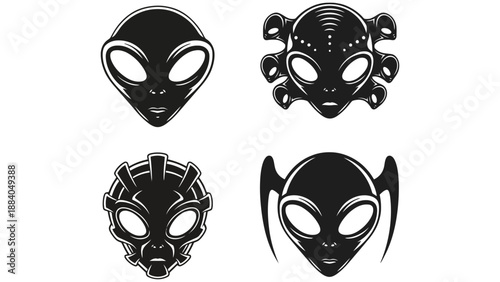 A set of four different alien head illustrations in black and white