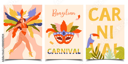 Set of Colorful Brazil Carnival Posters. Modern vector minimalistic illustration of a dancing Brazilian woman at a carnival in Brazil