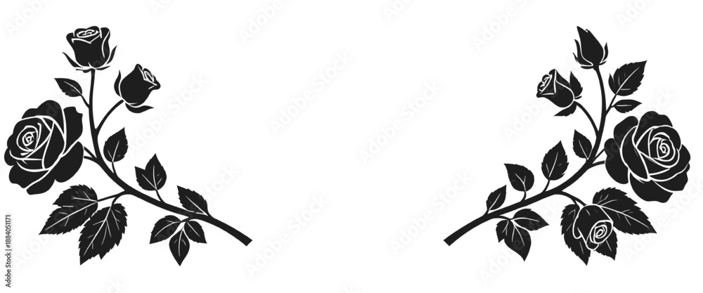 Fototapeta premium Symmetrical Black Rose Silhouette Floral Border Elements on White Background.