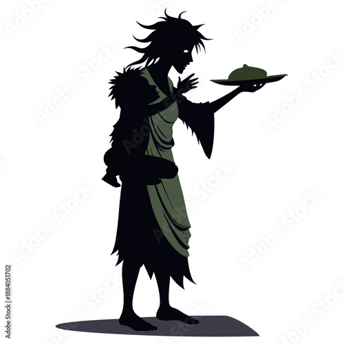Silhouette vector illustration of a hungry beggar wearing a dirty saree