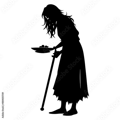 Silhouette vector illustration of a hungry beggar wearing a dirty saree