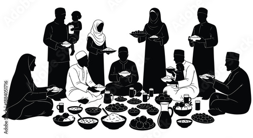A gathering of people sharing a meal depicted as a striking black silhouette