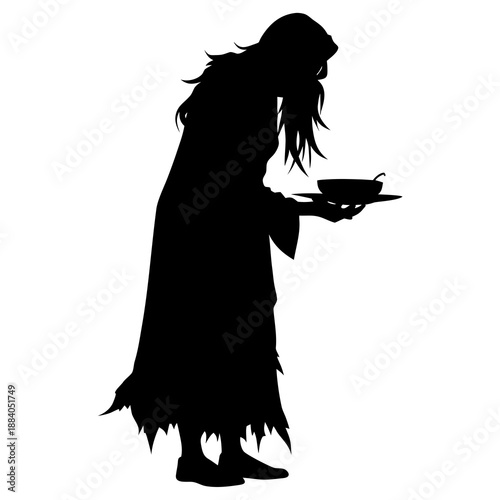 Silhouette vector illustration of a hungry beggar wearing a dirty saree