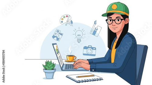 Young woman wearing a baseball cap and glasses working on a laptop.
