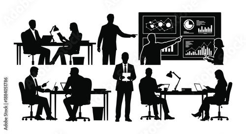 Business professionals in meeting and office environments working collaboratively a striking silhouette