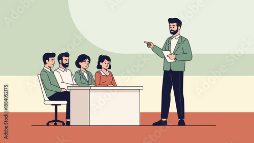 Business presentation, man teaching group of people at desk, meeting, seminar, learning, ideas